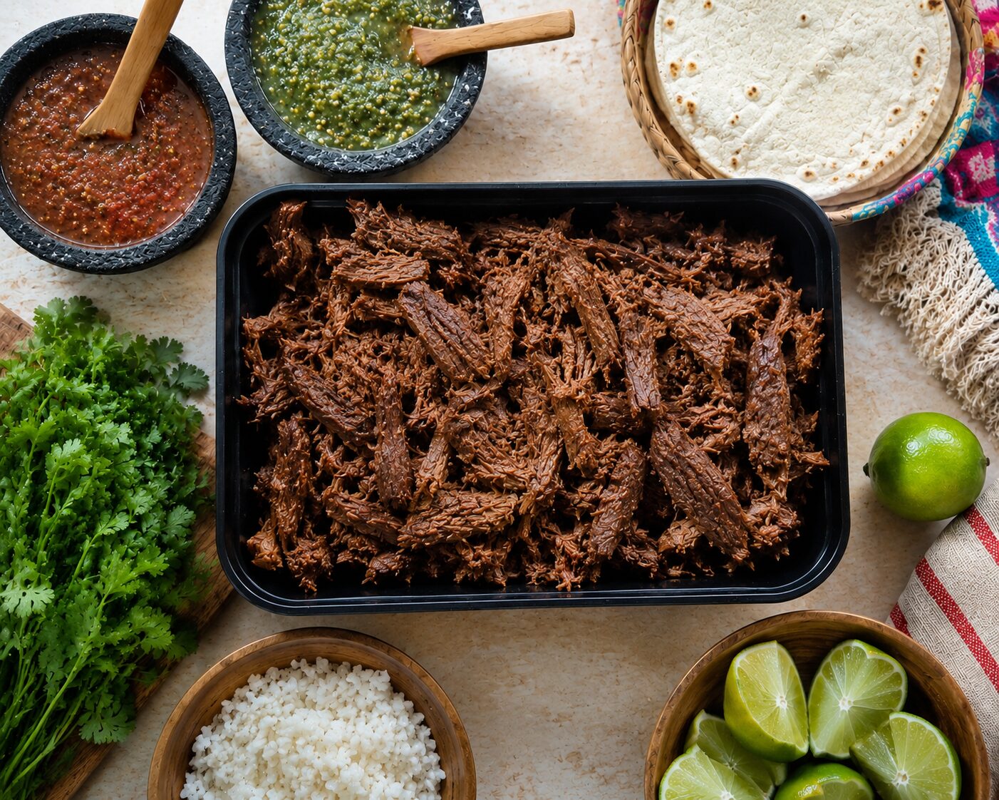 Barbacoa Del Rey Premium con salsas, tortillas y limones