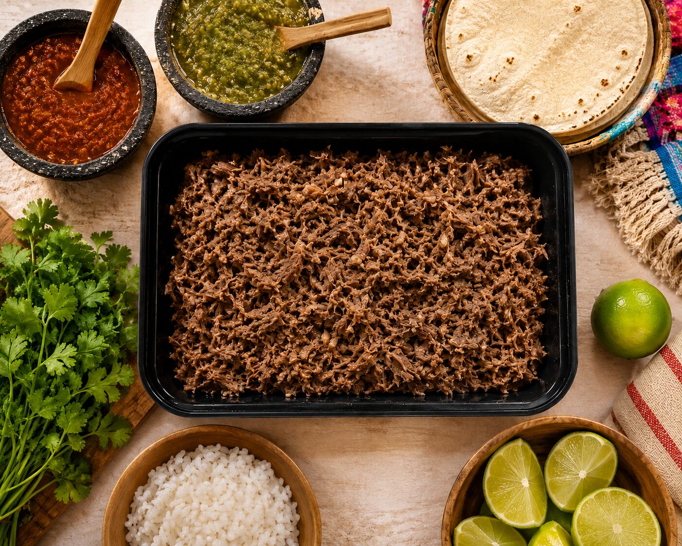 Barbacoa Tradicional 100% res con salsas, tortillas y limones